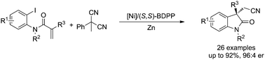 Graphical abstract: Ni-Catalyzed enantioselective reductive arylcyanation/cyclization of N-(2-iodo-aryl) acrylamide