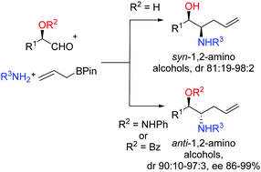Graphical abstract: Synthesis of syn- and enantioenriched anti-β-amino alcohols by highly diastereoselective borono-Mannich allylation reactions
