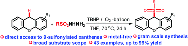 Graphical abstract: A radical–radical cross-coupling reaction of xanthene with sulfonyl hydrazides: facile access to xanthen-9-sulfone derivatives