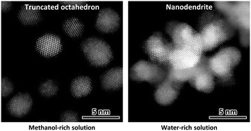 Graphical abstract: Evolution of Pt truncated octahedra to nanodendrites during the synthesis in methanol–water solution