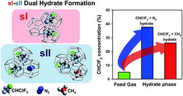Graphical abstract: Thermodynamic and structural features of chlorodifluoromethane (a sI–sII dual hydrate former) + external guest (N2 or CH4) hydrates and their significance for greenhouse gas separation