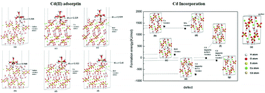 Graphical abstract: Adsorption and solidification of cadmium by calcium sulfate dihydrate (gypsum) in an aqueous environment: a dispersion-corrected DFT and ab initio molecular dynamics study