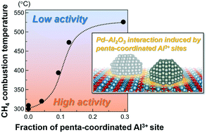 Graphical abstract: Relationship between penta-coordinated Al3+ sites in the Al2O3 supports and CH4 combustion activity of Pd/Al2O3 catalysts