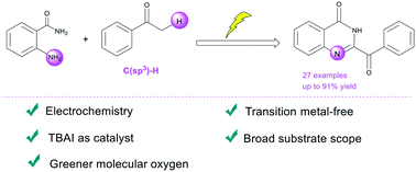 Graphical abstract: Electrochemical oxidative synthesis of 2-benzoylquinazolin-4(3H)-one via C(sp3)–H amination under metal-free conditions