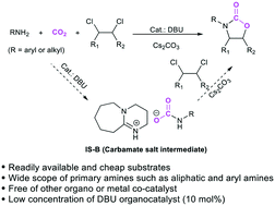 Graphical abstract: Synergetic activation of CO2 by the DBU-organocatalyst and amine substrates towards stable carbamate salts for synthesis of oxazolidinones