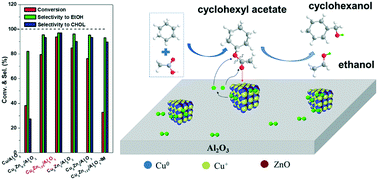 Graphical abstract: Synthesis of cyclohexanol and ethanol via the hydrogenation of cyclohexyl acetate with Cu2Znx/Al2O3 catalysts