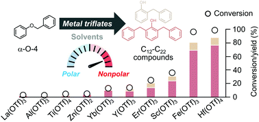 Graphical abstract: Metal triflate formation of C12–C22 phenolic compounds by the simultaneous C–O breaking and C–C coupling of benzyl phenyl ether