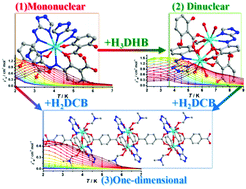 Graphical abstract: Syntheses, structural modulation, and slow magnetic relaxation of three dysprosium(iii) complexes with mononuclear, dinuclear, and one-dimensional structures