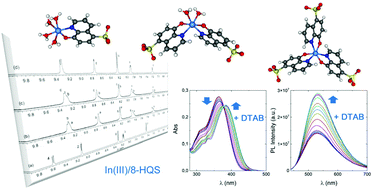 Graphical abstract: Complexes of In(iii) with 8-hydroxyquinoline-5-sulfonate in solution: structural studies and the effect of cationic surfactants on the photophysical behaviour