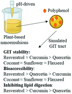 Graphical abstract: Encapsulation of lipophilic polyphenols in plant-based nanoemulsions: impact of carrier oil on lipid digestion and curcumin, resveratrol and quercetin bioaccessibility