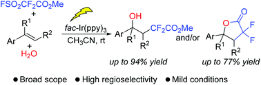 Graphical abstract: Photoredox-catalyzed hydroxydifluoroacetylation of alkenes with FSO2CF2CO2Me and H2O: simple synthesis of CF2CO2Me-containing alcohols and difluorolactones