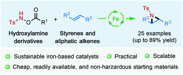 Graphical abstract: Iron(ii)-catalyzed intermolecular aziridination of alkenes employing hydroxylamine derivatives as clean nitrene sources