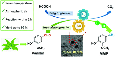 Graphical abstract: Supported Pd–Au bimetallic nanoparticles as an efficient catalyst for the hydrodeoxygenation of vanillin with formic acid at room temperature