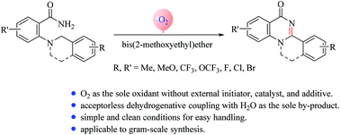 Graphical abstract: Bis(2-methoxyethyl)ether promoted intramolecular acceptorless dehydrogenative coupling to construct structurally diverse quinazolinones by molecular oxygen