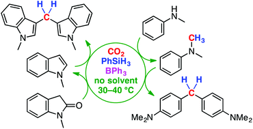 Graphical abstract: Deoxygenative CO2 conversions with triphenylborane and phenylsilane in the presence of secondary amines or nitrogen-containing aromatics