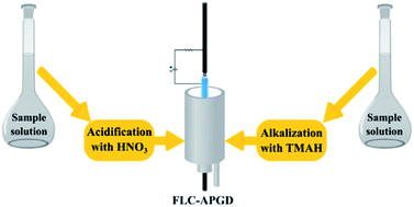 Graphical abstract: The application of tetramethylammonium hydroxide for generating atmospheric pressure glow discharge in contact with alkalized flowing liquid cathode solutions – evaluation of the analytical performance