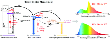 Graphical abstract: Solution-processed white OLEDs with power efficiency over 90 lm W−1 by triplet exciton management with a high triplet energy level interfacial exciplex host and a high reverse intersystem crossing rate blue TADF emitter