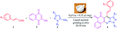 Graphical abstract: Multicomponent synthesis of styryl linked benzo[h]pyrazolo[3,4-b]quinoline-5,6(10H)-diones by liquid assisted grinding