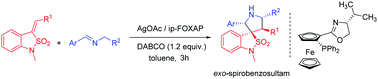 Graphical abstract: Ag(i)/(S,S)-ip-FOXAP catalyzed diastereo- and enantioselective 1,3-dipolar cycloaddition of azomethine ylides with benzosultam-3-ylidenes