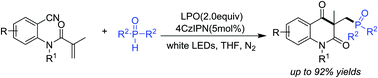 Graphical abstract: Visible light induced radical cascade cyclization of ortho-cyanoarylacrylamides with phosphine oxides for the preparation of phosphorylated quinoline-2,4(1H,3H)-dione