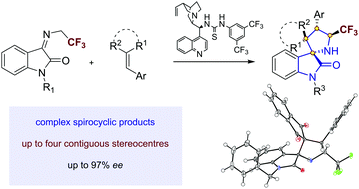 Graphical abstract: Enantioselective organocatalytic formal [3+2]-cycloaddition of isatin-derived ketimines with benzylidenemalononitriles and benzylidineindanones