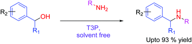 Graphical abstract: An expedient, efficient and solvent-free synthesis of T3P®-mediated amidation of benzhydrols with poorly reactive N-nucleophiles under MW irradiation