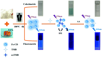 Graphical abstract: Green and facile synthesis of iron-doped biomass carbon dots as a dual-signal colorimetric and fluorometric probe for the detection of ascorbic acid