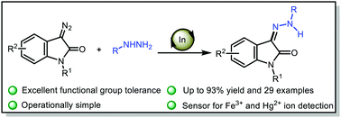 Graphical abstract: Indium(iii)-catalyzed efficient synthesis of 3-arylhydrazonoindolin-2-ones and their fluorescent metal sensing studies
