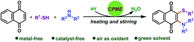 Graphical abstract: Metal-/catalyst-free one-pot three-component thioamination of 1,4-naphthoquinone in a sustainable solvent