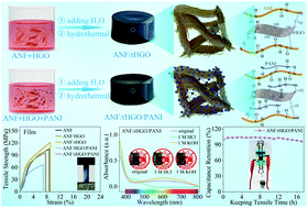 Graphical abstract: Mechanically strong multifunctional three-dimensional crosslinked aramid nanofiber/reduced holey graphene oxide and aramid nanofiber/reduced holey graphene oxide/polyaniline hydrogels and derived films