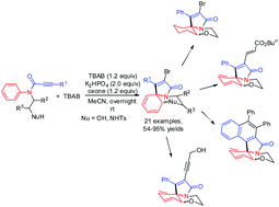 Graphical abstract: Radical bromination-induced ipso cyclization–ortho cyclization sequence of N-hydroxylethyl-N-arylpropiolamides