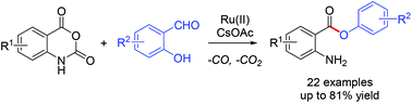 Graphical abstract: Ruthenium(ii)-catalyzed decarbonylative and decarboxylative coupling of isatoic anhydrides with salicylaldehydes: access to aryl 2-aminobenzoates