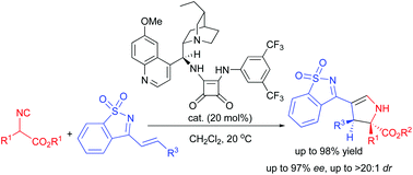 Graphical abstract: Organocatalytic asymmetric formal [3 + 2] cycloaddition reaction of isocyanoacetates with saccharin-derived 1-azadienes