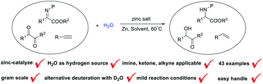 Graphical abstract: Zinc salt-catalyzed reduction of α-aryl imino esters, diketones and phenylacetylenes with water as hydrogen source