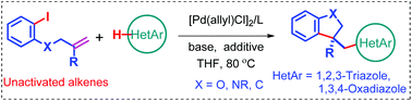 Graphical abstract: Dicarbofunctionalization of unactivated alkenes by palladium-catalyzed domino Heck/intermolecular direct hetero arylation with heteroarenes