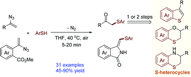 Graphical abstract: An aryl thiol–vinyl azide coupling reaction and a thiol–vinyl azide coupling/cyclization cascade: efficient synthesis of β-ketosulfides and arene-fused 5-methylene-2-pyrrolidinone derivatives