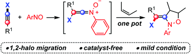 Graphical abstract: Catalyst-free synthesis of isoxazolidine from nitrosoarene and haloalkyne via a 1,2-halo-migration/[3 + 2] cycloaddition cascade