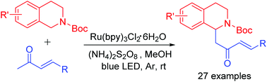 Graphical abstract: Photocatalyzed Csp3–Csp3 cross-dehydrogenative coupling of N-Boc-tetrahydroisoquinolines with α,β-unsaturated ketones