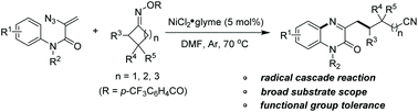 Graphical abstract: Ni-Catalyzed radical cyclization of vinyl azides with cyclobutanone oxime esters to access cyanoalkyl containing quinoxalin-2(1H)-ones