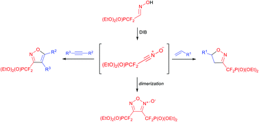 Graphical abstract: Hypervalent-iodine mediated one-pot synthesis of isoxazolines and isoxazoles bearing a difluoromethyl phosphonate moiety