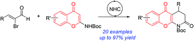 Graphical abstract: N-Heterocyclic carbene-catalyzed [3 + 3] annulation of bromoenals with 2-aminochromones to access chromeno[2,3-b]pyridinones