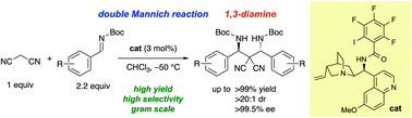 Graphical abstract: Enantio- and diastereoselective double Mannich reaction of malononitrile with N-Boc imines using quinine-derived bifunctional organoiodine catalyst