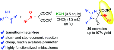 Graphical abstract: Access to highly functionalized imidazolones bearing α-amino acid esters via KOH-promoted annulation of amidines, nitrosoarenes and malonic esters