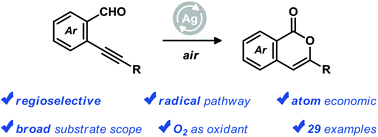 Graphical abstract: Modular synthesis of 3-substituted isocoumarins via silver-catalyzed aerobic oxidation/6-endo heterocyclization of ortho-alkynylbenzaldehydes