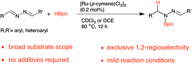 Graphical abstract: Ruthenium(ii)-catalysed 1,2-selective hydroboration of aldazines
