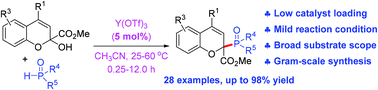 Graphical abstract: Y(OTf)3-catalyzed phosphorylation of 2H-chromene hemiacetals with P(O)–H compounds to 2-phosphorylated 2H-chromenes
