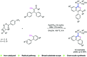 Graphical abstract: Iron-catalyzed radical cascade cyclization of oxime esters with isocyanides: synthesis of 1-cyanoalkyl isoquinolines and 6-cyanoalkyl phenanthridines