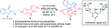 Graphical abstract: Dinuclear zinc-catalyzed enantioselective formal [3 + 2] cycloaddition of N-2,2,2-trifluoroethylisatin ketimines with low reactivity aurone derivatives