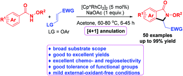 Graphical abstract: Redox-neutral rhodium(iii)-catalyzed chemo- and regiospecific [4 + 1] annulation between benzamides and alkenes for the synthesis of functionalized isoindolinones