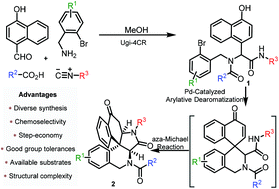 Graphical abstract: Palladium-catalyzed post-Ugi arylative dearomatization/Michael addition cascade towards plicamine analogues